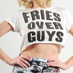Fries Over Guys Crop Top White Bling Short Sleeve